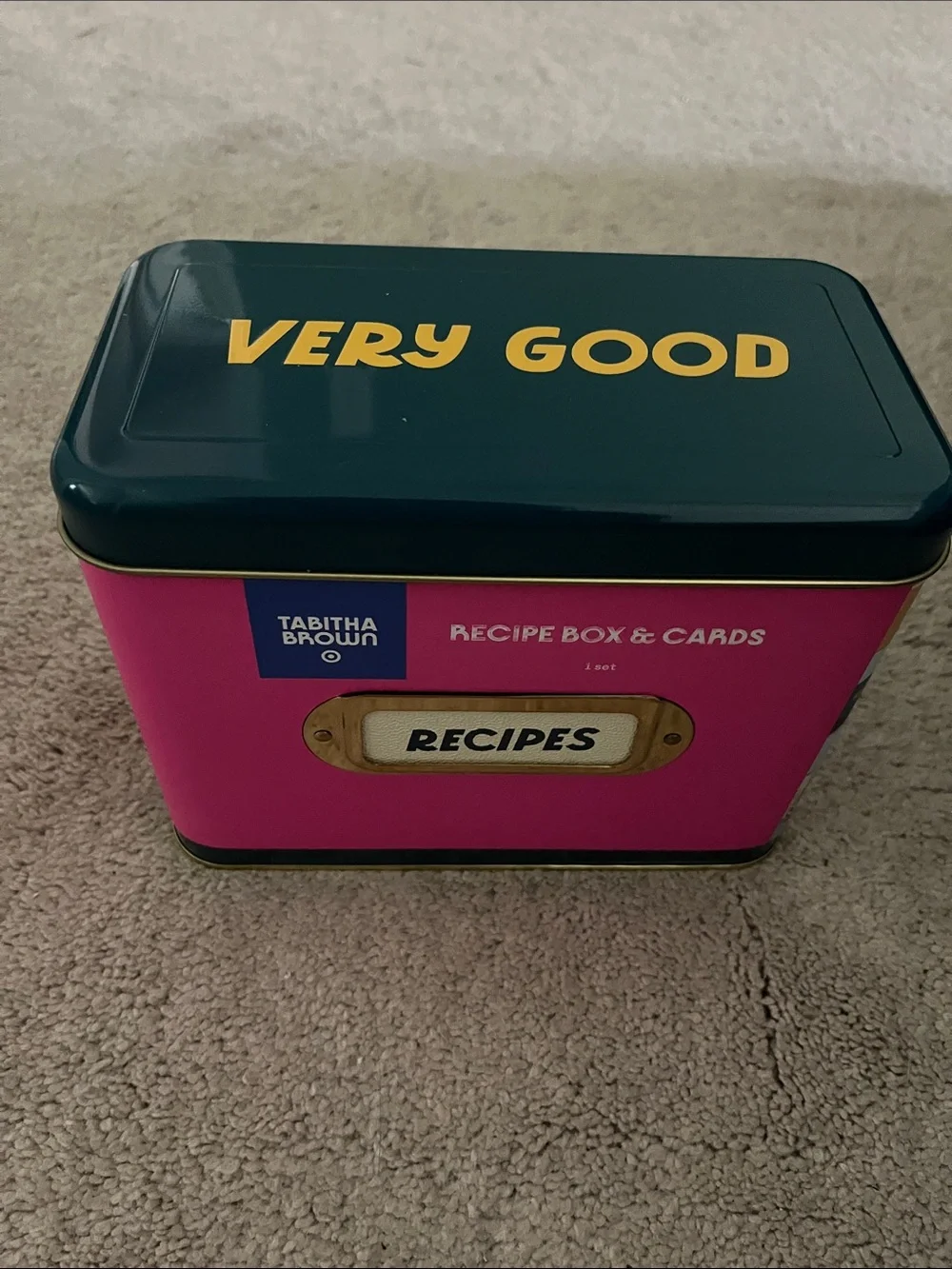 Tabitha Pink & Navy Recipe Tin with Gold Label